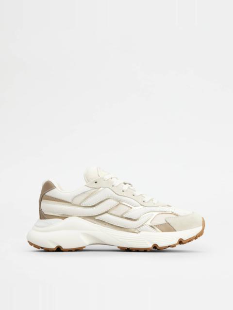 SNEAKERS IN LEATHER AND FABRIC - BEIGE, WHITE, GOLD