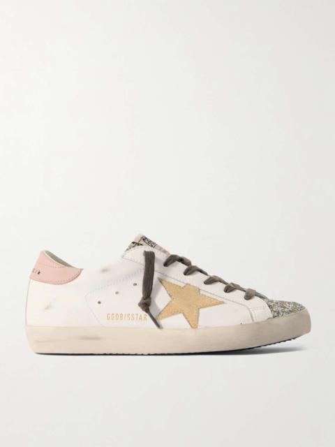 Super-Star distressed suede-trimmed glittered leather sneakers