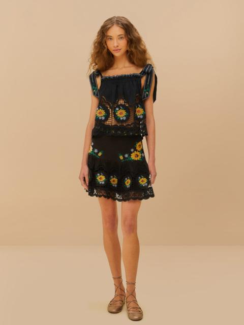 FARM RIO Black Cross Stitch Sunflower Richelieu Lenzing™ Ecovero™ Euroflax™ Mini Skirt