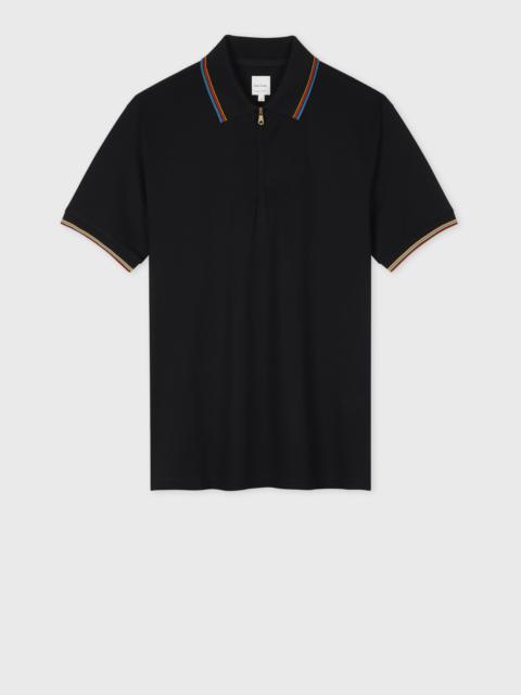 Paul Smith Black Cotton 'Signature Stripe' Trim Zip Polo Shirt