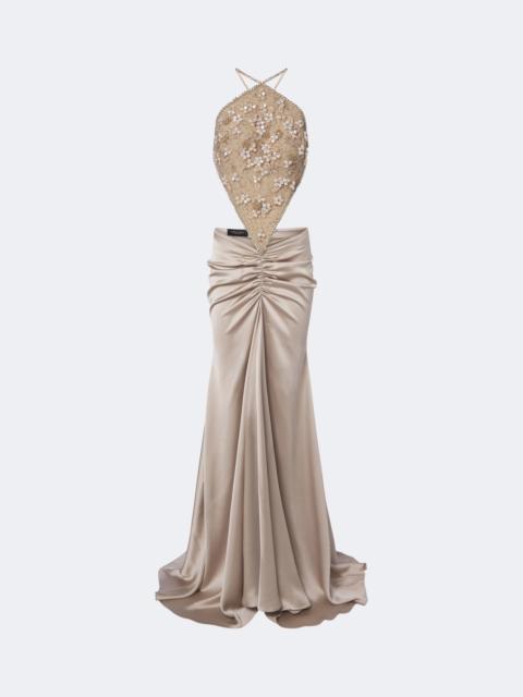 GEORGES HOBEIKA Embellished gathered open-back satin gown