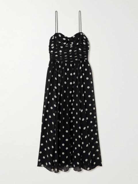 DÔEN Maryanna Bow-detailed Ruched Polka-dot Silk-georgette Midi Dress