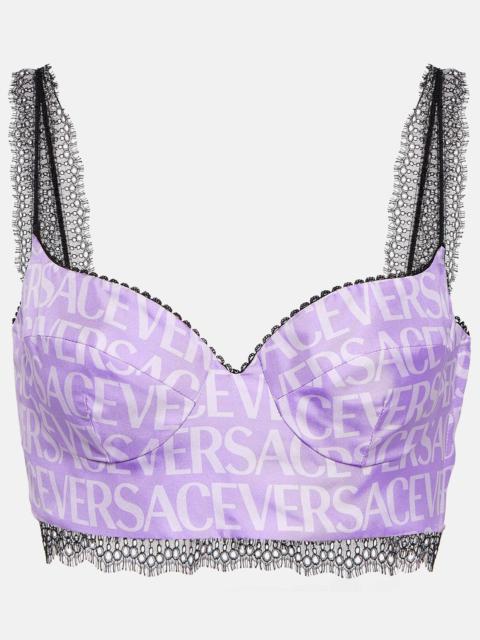VERSACE Logo silk satin and lace bralette