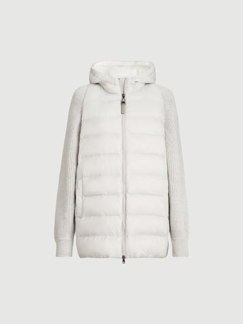 Brunello Cucinelli Water-resistant matte nylon hooded down jacket with virgin wool, cashmere and silk knit sleeves and