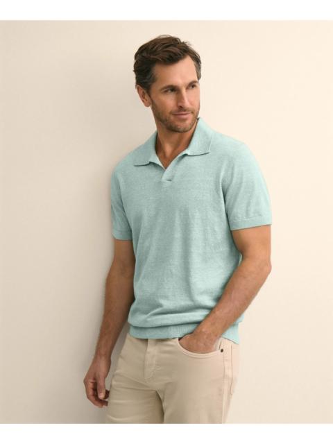 Brooks Brothers Linen-Cotton-Cashmere Short-Sleeve Mouliné Johnny Collar Sweater