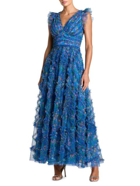 MAC DUGGAL Women's Floral Mesh Ruffled V-Neck Maxi Dress - Blue Multi
