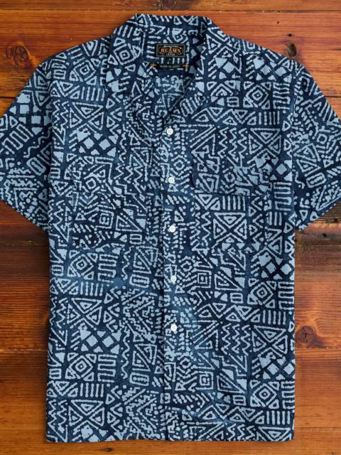 BEAMS PLUS Batik Print Open Collar Shirt in Blue