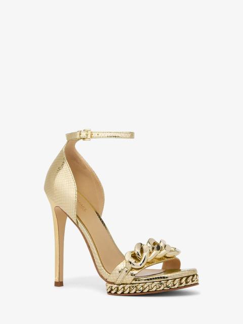 MICHAEL KORS Jordyn Embellished Metallic Snake Embossed Leather Platform Sandal