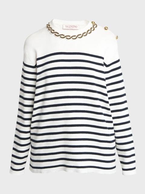 Beaded-Neck Button-Shoulder Striped Sweater