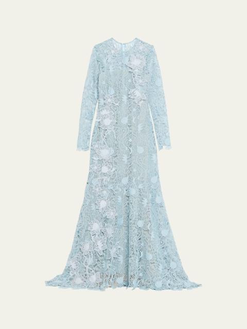 Oscar de la Renta Long-Sleeve Corded Botanical Guipure Gown