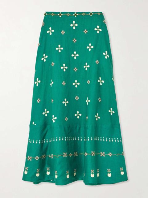 Agua by Agua Bendita Bel Mar Esmeralda paneled embroidered printed linen maxi skirt