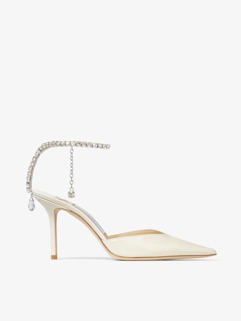 JIMMY CHOO Saeda 85 Linen Patent Leather Pumps with Crystal Embellishment