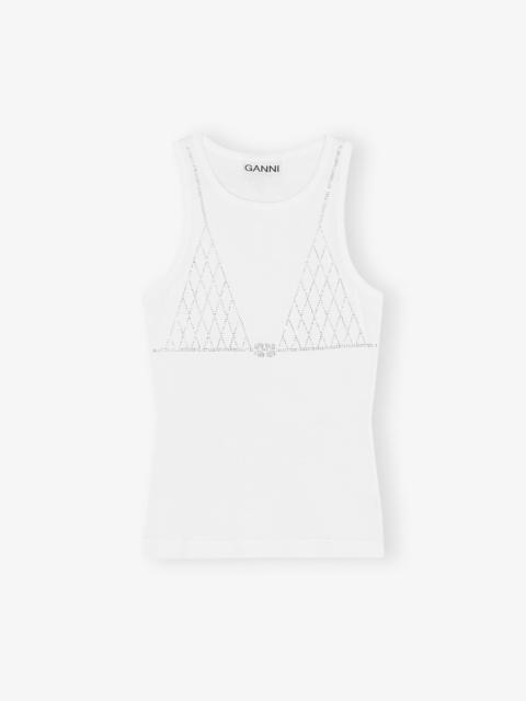 GANNI WHITE SOFT COTTON RIB RHINESTONE TANK TOP