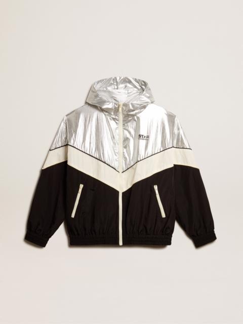 Men's windcheater in silver and black technical fabric