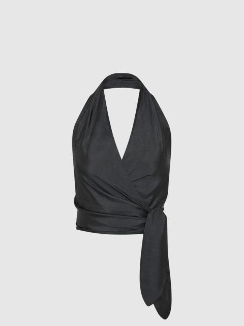 ST. AGNI Silk Halter Wrap Top - Washed Black