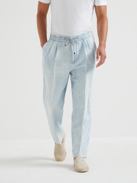 Brunello Cucinelli Cotton and linen denim leisure fit trousers with drawstring and double pleats