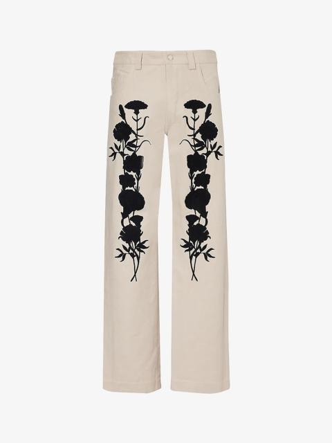 Floral-embroidered relaxed-fit cotton-twill trousers