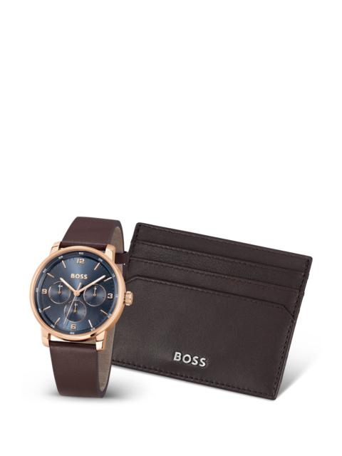 BOSS BLUE-DIAL WATCH AND CARD HOLDER GIFT SET