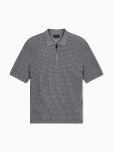 EMPORIO ARMANI POLO COLLAR SWEATER IN WOOL AND LYOCELL BLEND WITH PATTERNED KNIT