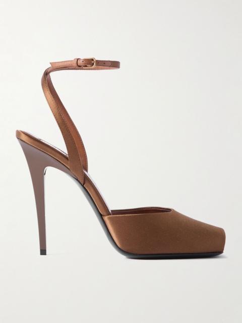 SAINT LAURENT La Scandale leather-trimmed satin sandals Brown