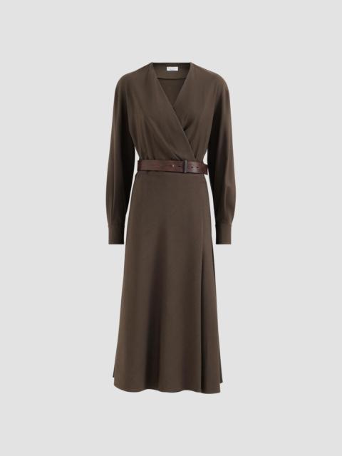 Brunello Cucinelli Women's Comfort Virgin Wool and Viscose Twill Dress with Belt and Monili - Pine Cone Brown