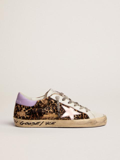Super-Star LTD sneakers in leopard-print pony skin with salmon-colored laminated leather star and pu