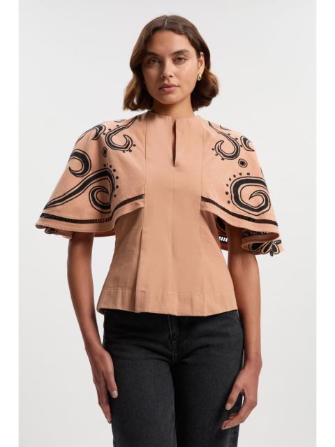 KAREN MILLEN Baroque Embroidered Cape Sleeve Woven Twill Top