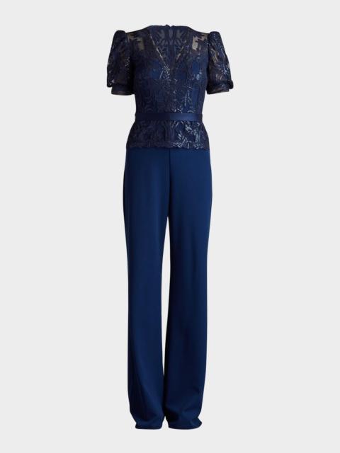 TADASHI SHOJI Sequined Lace Crepe V-Neck Jumpsuit