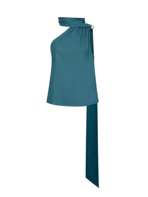 GIUSEPPE DI MORABITO Teal blue virgin wool one-shoulder top with jeweled detail