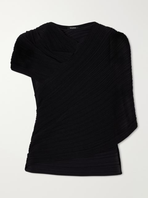 Balmain Draped Ribbed Jersey Blouse