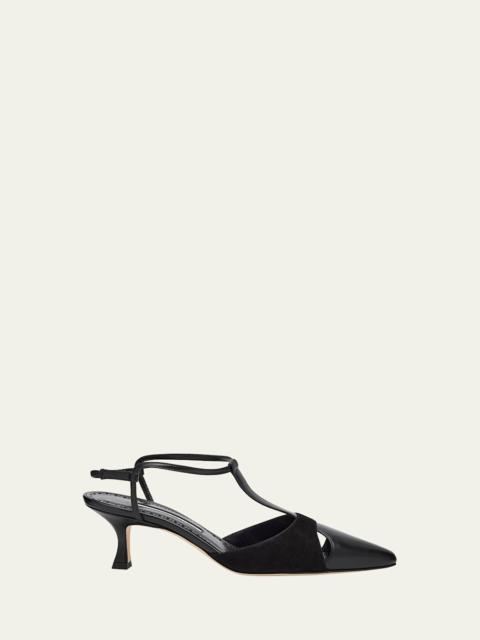 Manolo Blahnik Mixed Leather T-Strap Pumps