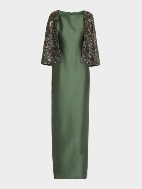 BADGLEY MISCHKA Floral-Embroidered Cape Column Gown