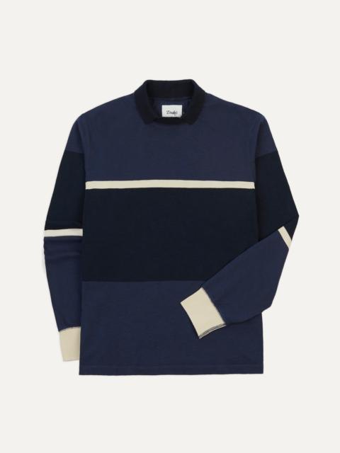 Drake's Navy and Ecru Stripe Mock Collar Long-Sleeve Jersey