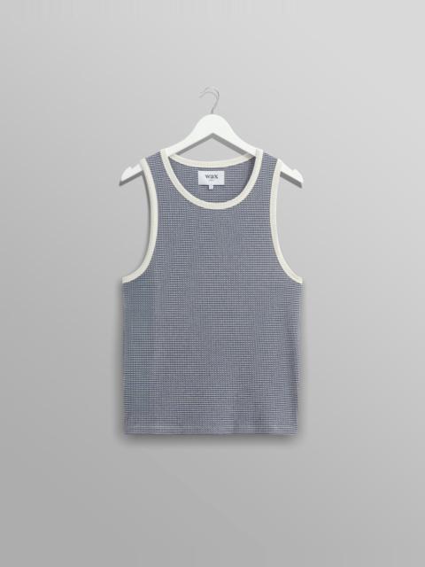 Wax London Montague - Blue And Ecru Striped Ribbed Organic Cotton Vest