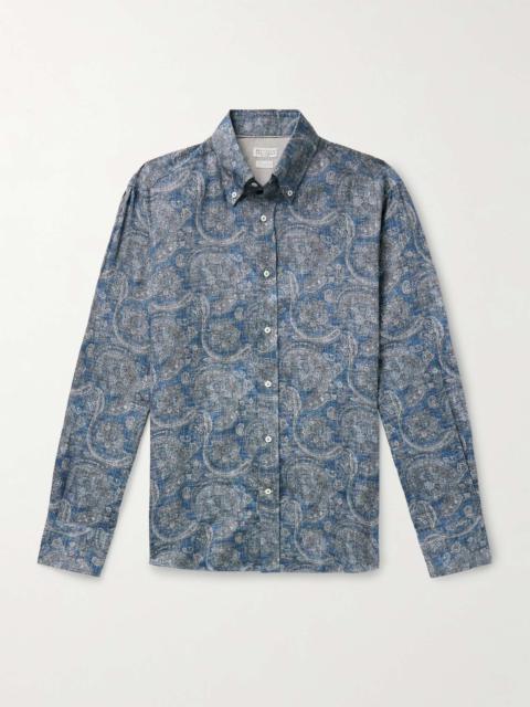 Button-Down Collar Paisley-Print Linen-Chambray Shirt