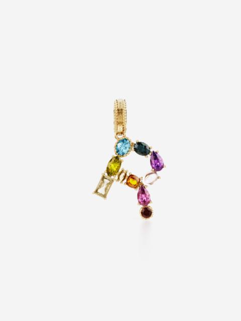 Rainbow alphabet R 18 kt yellow gold charm with multicolor fine gems