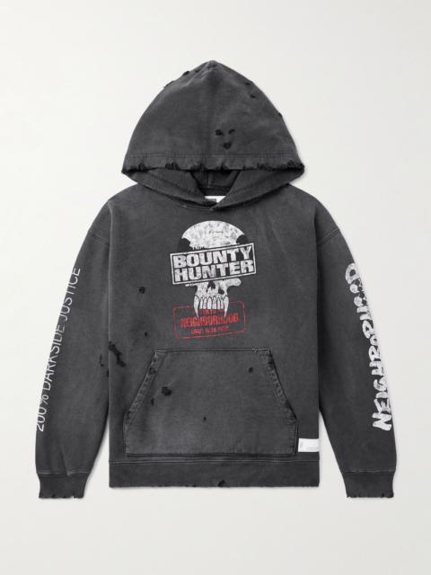 NEIGHBORHOOD + Bounty Hunter Savage Distressed Printed Cotton-Jersey Hoodie Black