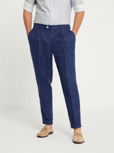 Linen, wool and silk diagonal leisure fit trousers with pleat
