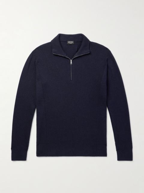 ZEGNA Ribbed Cashseta Zip-Up Sweater Navy