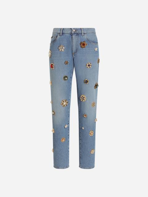 Dolce & Gabbana Classic cotton jeans with tag and bejeweled details