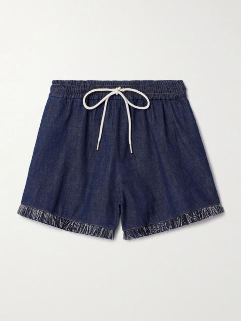 Zimmermann Rhiannon frayed cotton-chambray shorts Navy
