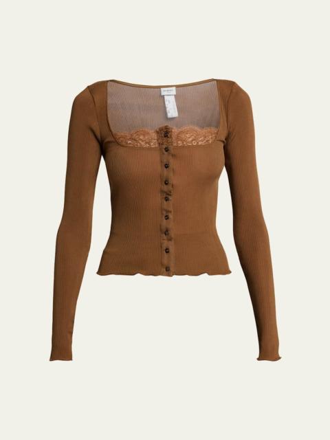 SAINT LAURENT Lace-Trim Button-Front Silk Rib Long-Sleeve Top