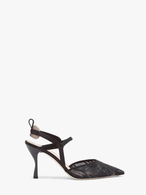 FENDI Black mesh and rhinestone embroidery high-heeled slingbacks