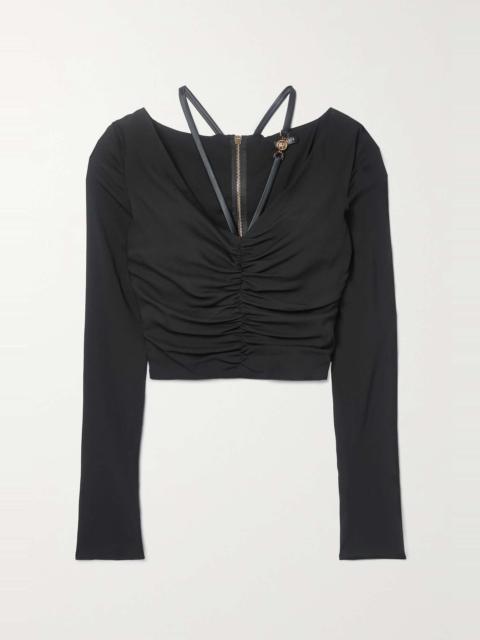 VERSACE Cropped embellished ruched stretch-crepe top