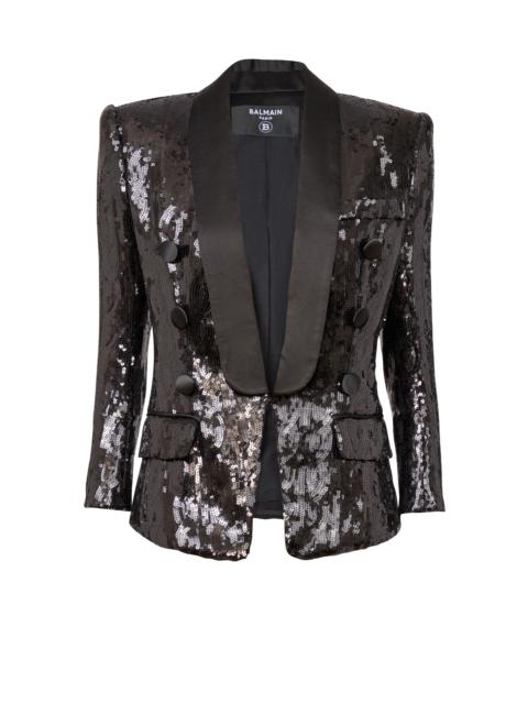 Balmain V-neck glitter satin tailored jacket