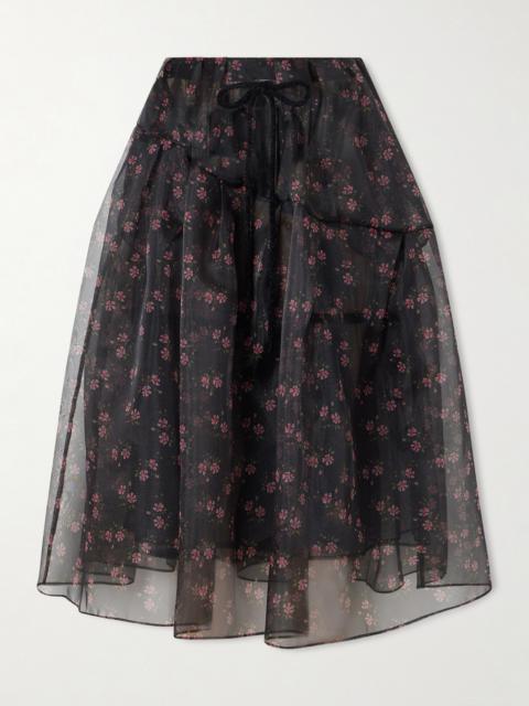 Simone Rocha Tiered Floral-print Organza Midi Skirt