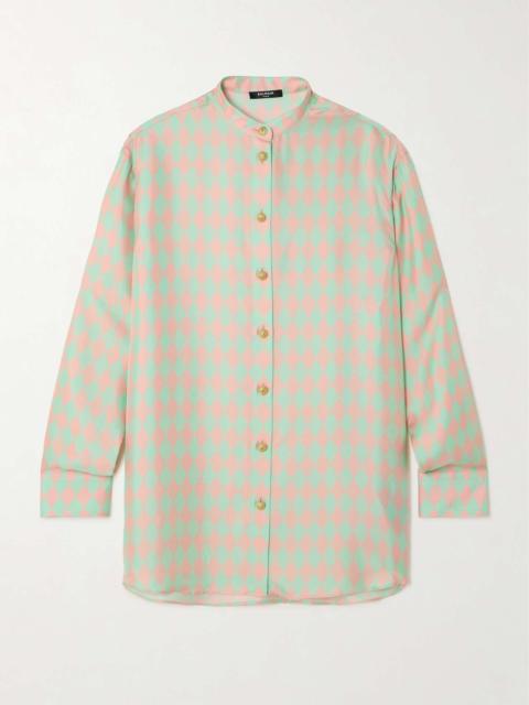 Oversized button-embellished argyle-printed silk-satin shirt