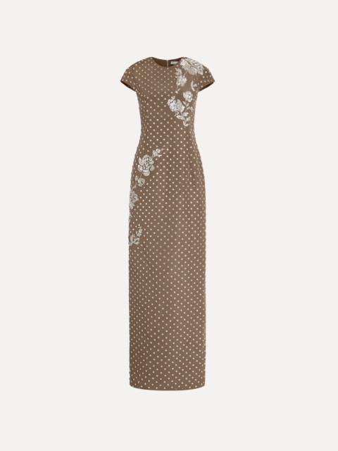 Oscar de la Renta CRYSTAL GRID FLORAL EMBROIDERED SHORT SLEEVE GOWN
