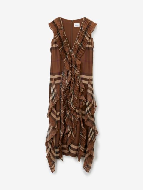Burberry Pleated Ruffle Detail Check Silk Georgette Dress