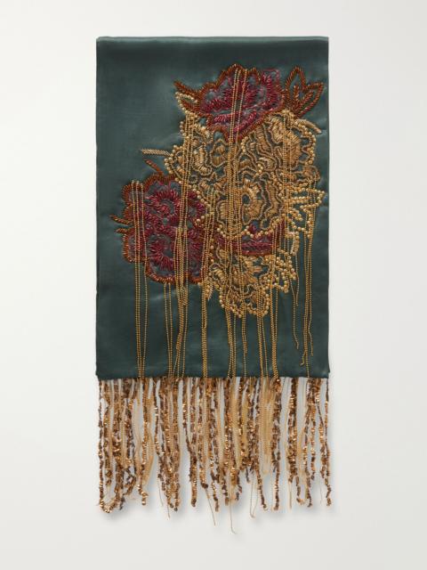 Dries Van Noten Fringed bead-embellished silk scarf Army green
